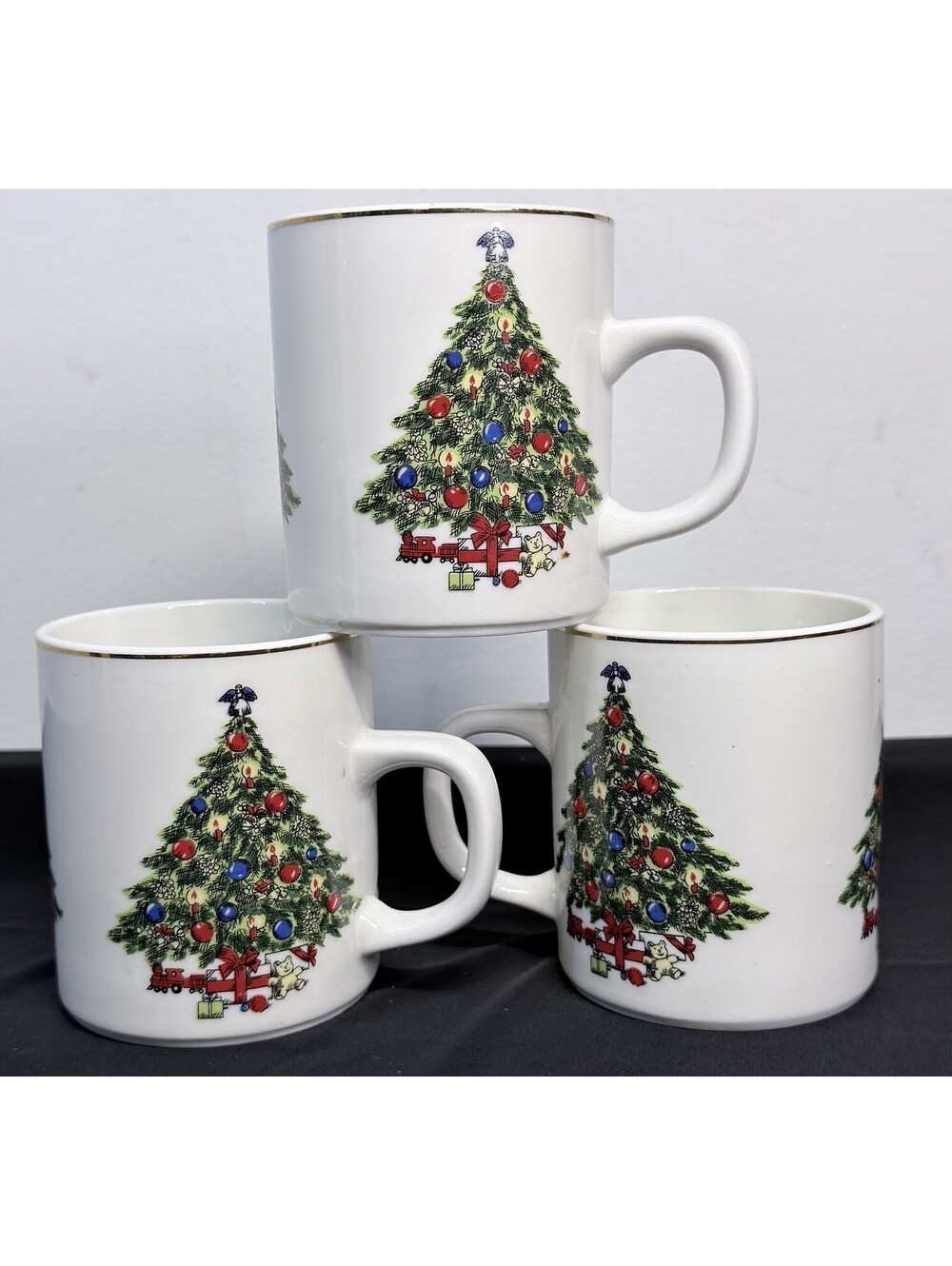 3  Action Industries Christmas Tree / Holiday Mugs w/Gold Trim Vintage Holiday